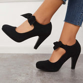 Thick Heel Pumps Bowknot Round Toe Ankle Strap Heels Oshnow